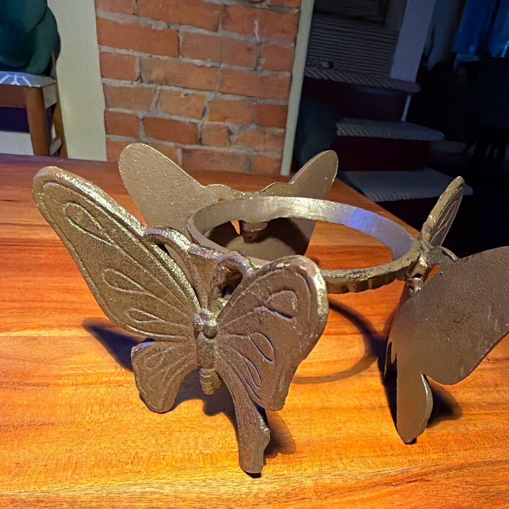 Black Metal Butterfly Pillar Candle Holder Round Ring 3D Effect heavy solid
